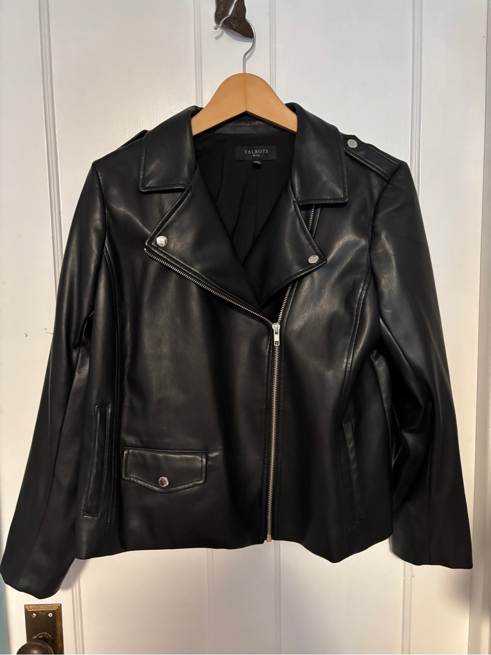 Talbots Black Faux Leather Biker Jacket with Silver Hardware
